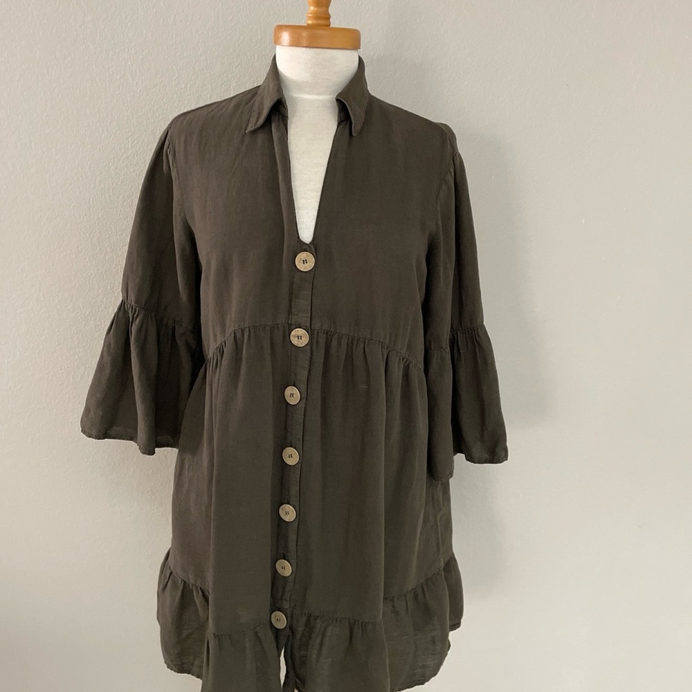 Zara Mini Dress Sz M Linen/Cotton V Neckline 3/4 Bell Sleeve Tiered Boho Peasant